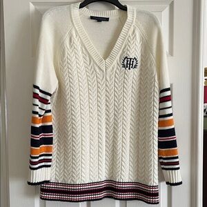 Tommy Hilfiger Cream Cable-Knit V-Neck Sweater with Colorful Stripes